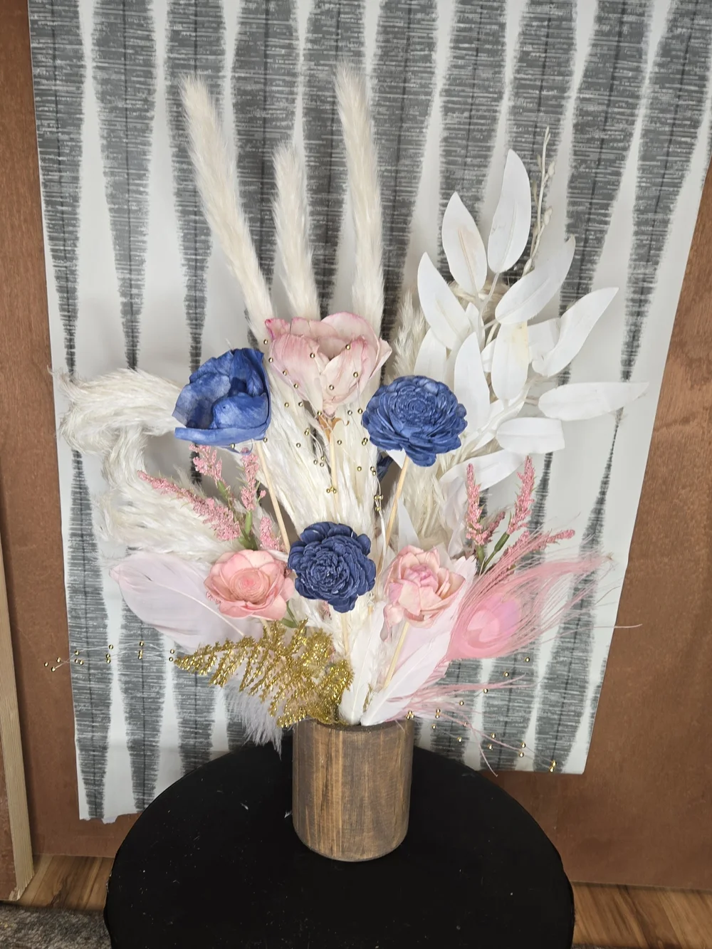 Navy Blue & Blush Pink Sola Wood Flower Arrangement with Feathers + Wood Vase